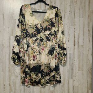 MNG Mango size L Chiffon Floral Fit&Flare Button Dress Long sleeve